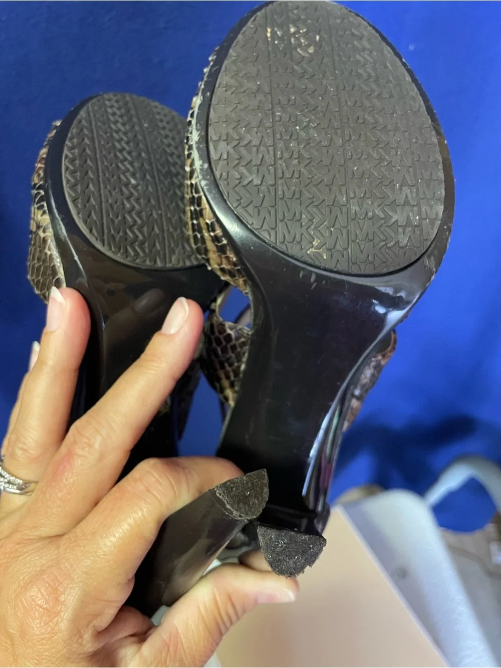 Michael Kors Brown Snake-Print T-Strap Heels with Front Zipper